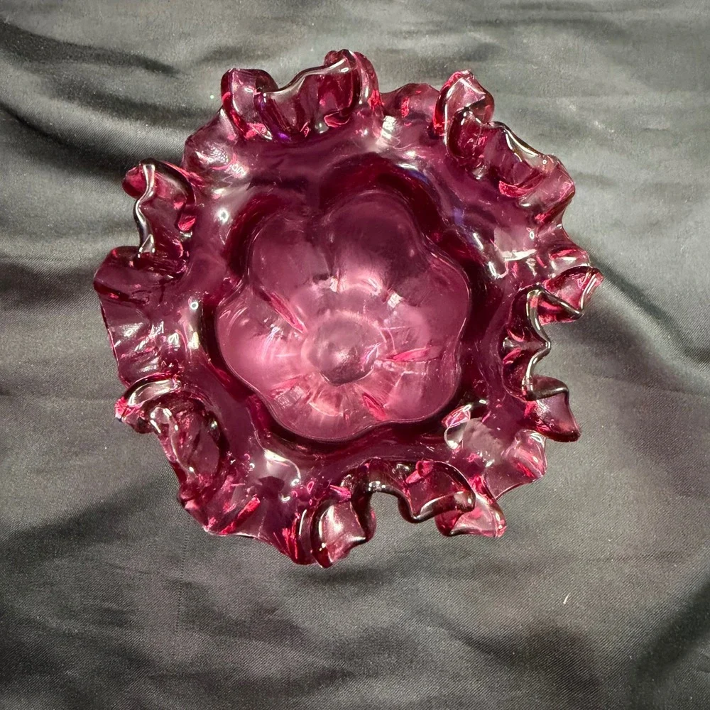 Vintage Fenton Cranberry Glass Melon Ribbed Vase Ruffled Rim Clear Pedestal Foot